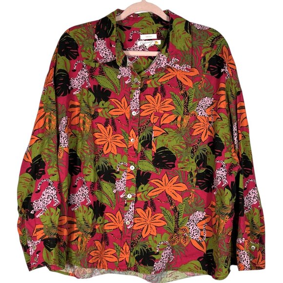 C&C California Womens Linen Button Up Shirt Size 1X Jungle Leopard Summer Resort - Picture 1 of 8